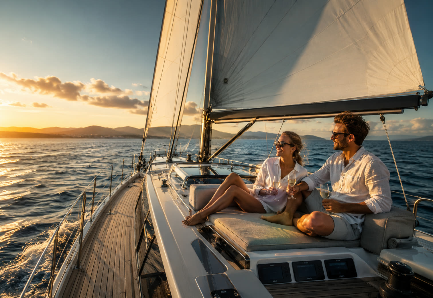 Paar an Deck der Yacht in der goldenen Stunde