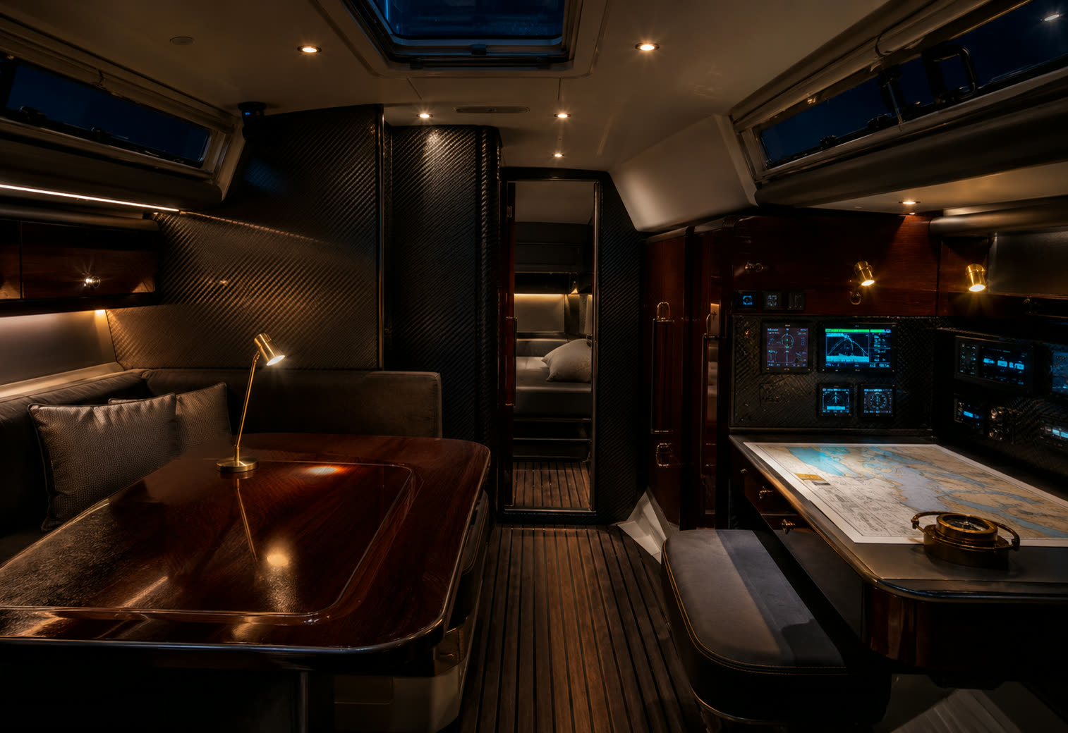 Der Salon der Yacht — Mahagoni und warmes Licht