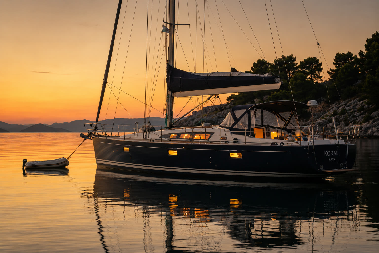 NM 40 Horizont in der goldenen Stunde, Deckszene, Yachtcharter am Neusiedler See und in der Adria